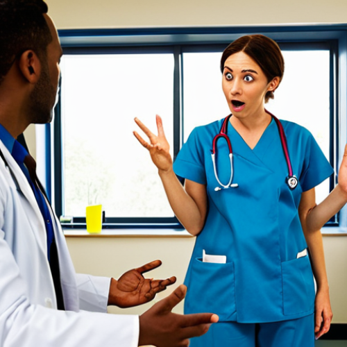 **

A brightly lit hospital room scene. A nurse is actively listening, with a kind expression, to a stressed-looking doctor who is gesturing while explaining something. In the background, colleagues are working calmly, showcasing a supportive team environment. The overall tone is positive and collaborative, reflecting conflict resolution through empathy.

**