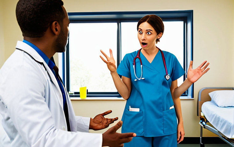 **
A brightly lit hospital room scene. A nurse is actively listening, with a kind expression, to a stressed-looking doctor who is gesturing while explaining something. In the background, colleagues are working calmly, showcasing a supportive team environment. The overall tone is positive and collaborative, reflecting conflict resolution through empathy.
**